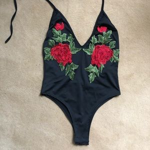 Black rose appliqué rose bodysuit